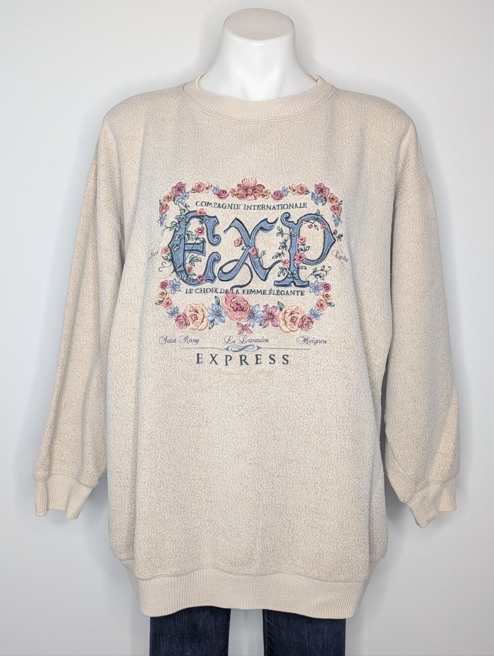Vintage Express Tan Pink Blue Floral Embroidered Long Sleeve Sweater S